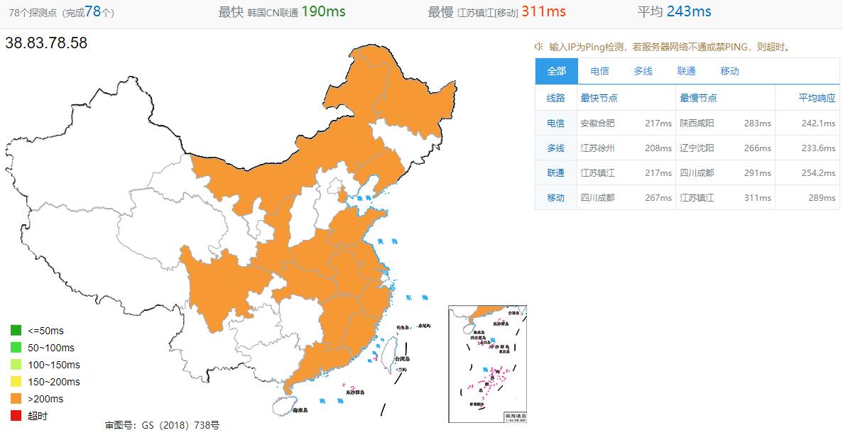 弘速云韩国VPS全国Ping延迟测试